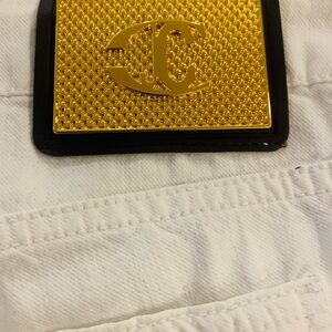 Just Cavalli White Pants with Gold Logo Patch. 34 inches long